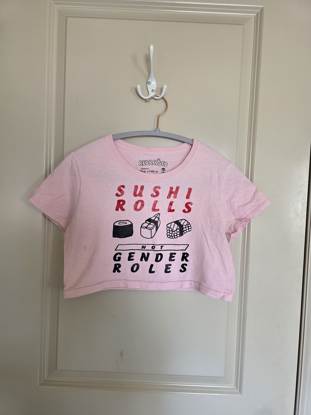Pink "Sushi Rolls Not Gender Roles" Crop Tee